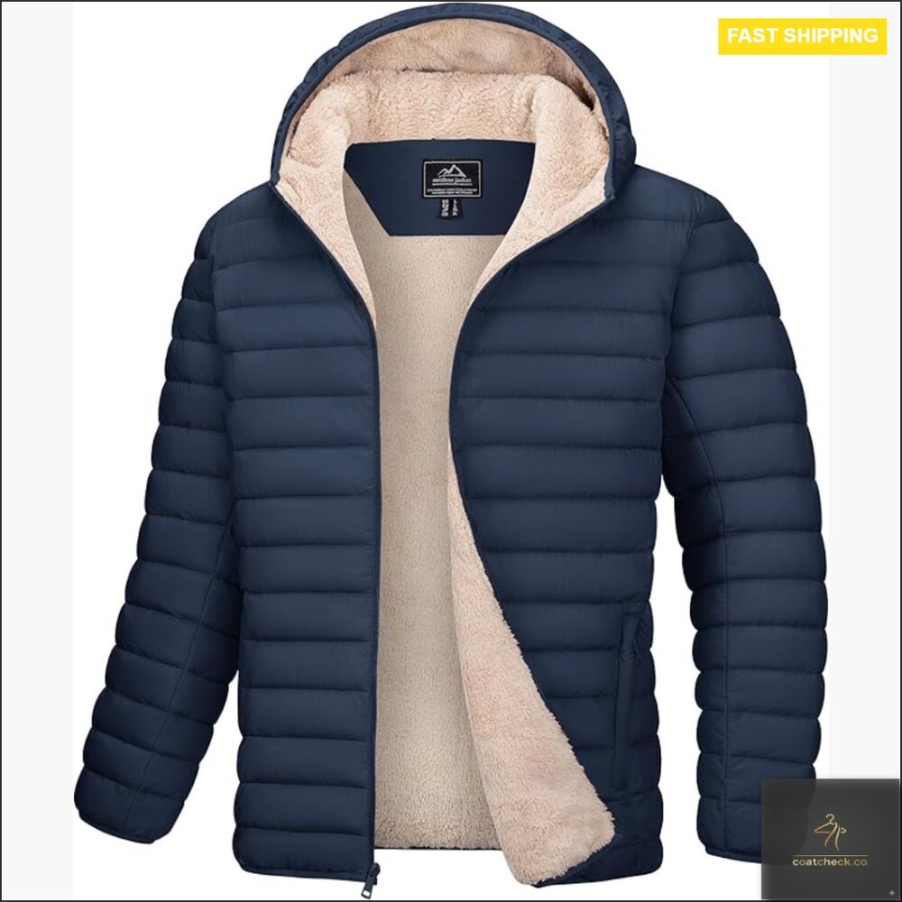 Men's Fleece Lined Puffer Jacket Water Resistant Windproof Hooded Winter Coat